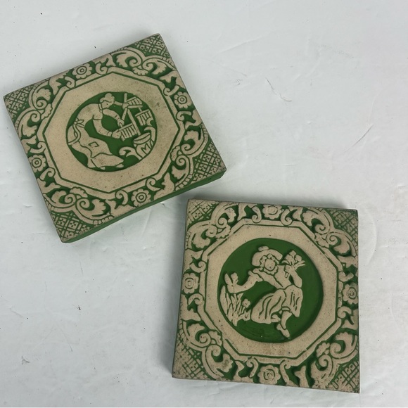 Monrovian Pottery & Tile works PA -vintage repro in green & cream-2pc - Picture 11 of 13